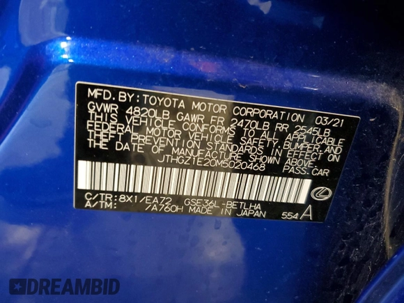 2021 Lexus IS 350 F Sport with VIN JTHGZ1E20M5020468, listed as a Copart auction lot 57848025 with 22,077 mi miles and Salvage title. Bid and sale history available at DreamBid. Image 12.