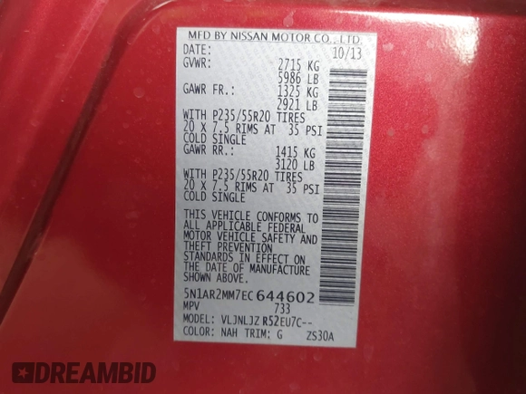 2014 Nissan Pathfinder SL with VIN 5N1AR2MM7EC644602, listed as a IAAI auction lot 42029397 with 124,145 mi miles. Bid and sale history available at carsss.com. Image 9.