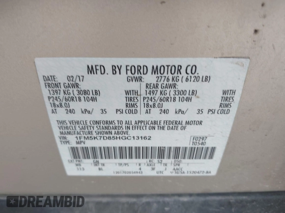 2017 Ford Explorer XLT with VIN 1FM5K7D85HGC13162, listed as a IAAI auction lot 41932791 with 72,030 mi miles and . Bid and sale history available at DreamBid. Image 9.