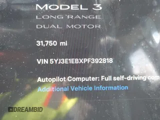 2023 Tesla Model 3 Long Range with VIN 5YJ3E1EBXPF392818, listed as a IAAI auction lot 41346835 with 31,750 mi miles and . Bid and sale history available at DreamBid. Image 15.