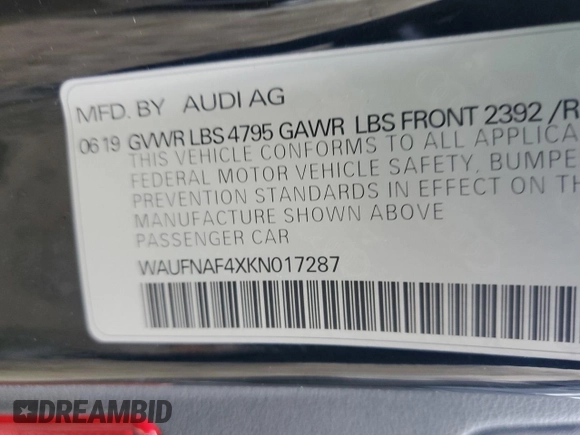 2019 Audi A4 Prestige with VIN WAUFNAF4XKN017287, listed as a Copart auction lot 48348864 with 0 mi miles. Bid and sale history available at carsss.com. Image 13.