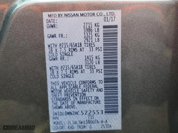 2017 Infiniti QX60 with VIN 5N1DL0MN2HC522553, listed as a Copart auction lot 48196985 with 52,924 mi miles and Salvage Title. Bid and sale history available at carsss.com. Image 14.