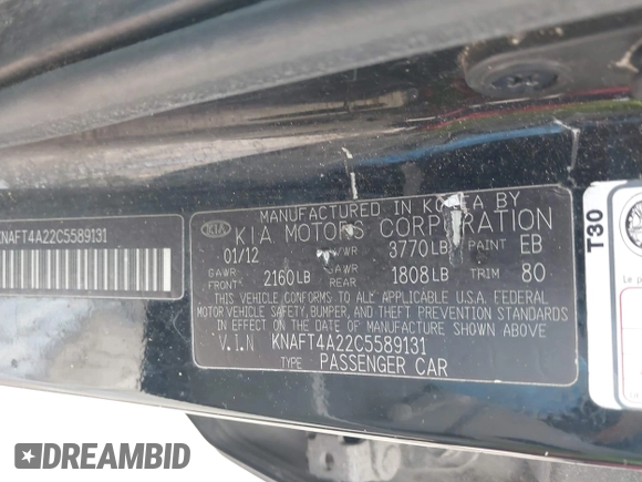 2012 Kia Forte LX with VIN KNAFT4A22C5589131, listed as a IAAI auction lot 41942152 with 257,548 mi miles. Bid and sale history available at carsss.com. Image 9.
