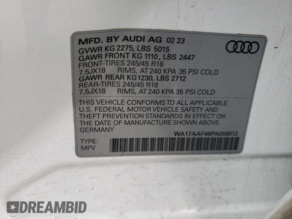 2023 Audi allroad A6 V8 with VIN WA17AAF48PA058612, listed as a Copart auction lot 75725133 with 6,117 mi miles and . Bid and sale history available at DreamBid. Image 13.