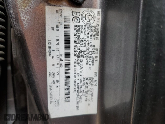2014 Ford Focus SE z VIN 1FADP3K29EL187201, wystawiony jako Copart lot #59125805 z przebiegiem Nie podano mil oraz Szkoda całkowita • Salvage title. Historia ofert i sprzedaży dostępna na DreamBid. Obrazek 13.