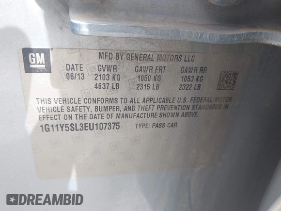 2014 Chevrolet Impala LS with VIN 1G11Y5SL3EU107375, listed as a IAAI auction lot 42153377 with 149,119 mi miles and . Bid and sale history available at DreamBid. Image 9.