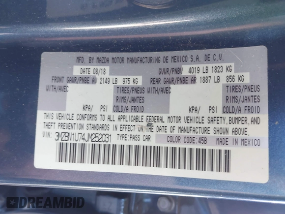 2018 Mazda 3 Sport with VIN 3MZBN1U74JM252031, listed as a IAAI auction lot 41455656 with 64,341 mi miles and . Bid and sale history available at DreamBid. Image 9.