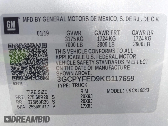 2019 Chevrolet Silverado 1500 LT Trail Boss with VIN 3GCPYFED9KG117659, listed as a IAAI auction lot 42128402 with 61,759 mi miles and . Bid and sale history available at DreamBid. Image 9.