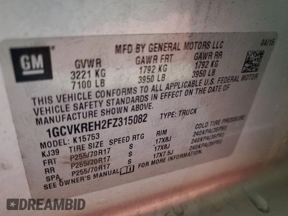 2015 Chevrolet Silverado 1500 LT with VIN 1GCVKREH2FZ315082, listed as a IAAI auction lot 42135910 with 232,496 mi miles. Bid and sale history available at carsss.com. Image 1.