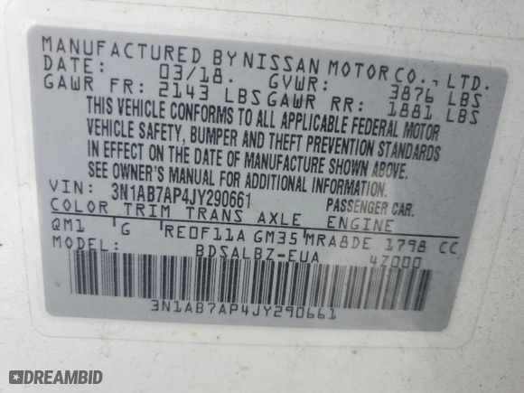 2018 Nissan Sentra S with VIN 3N1AB7AP4JY290661, listed as a Copart auction lot 88858975 with 169,880 mi miles and Clean Title. Bid and sale history available at carsss.com. Image 13.
