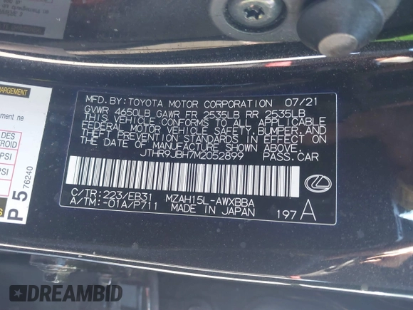 2021 Lexus UX with VIN JTHR9JBH7M2052899, listed as a IAAI auction lot 41878321 with 48,837 mi miles. Bid and sale history available at carsss.com. Image 9.