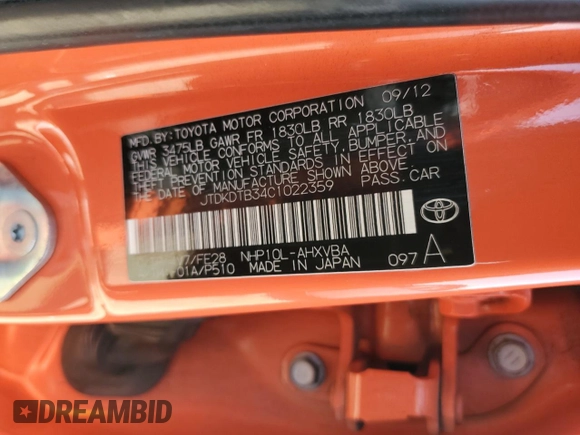 2012 Toyota Prius One with VIN JTDKDTB34C1022359, listed as a Copart auction lot 51339895 with 174,914 mi miles and Salvage Title. Bid and sale history available at DreamBid. Image 16.