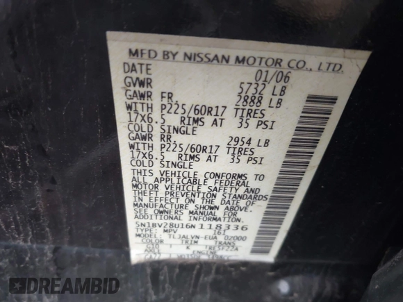 2006 Nissan Quest S Special Edition z VIN 5N1BV28U16N118336, wystawiony jako IAAI lot #41743105 z przebiegiem 213 891 mil mil oraz . Historia ofert i sprzedaży dostępna na DreamBid. Obrazek 9.