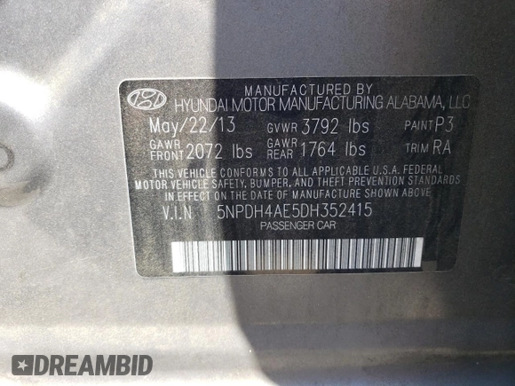 2013 Hyundai Elantra GLS z VIN 5NPDH4AE5DH352415, wystawiony jako Copart lot #59720075 z przebiegiem Nie podano mil oraz Szkoda całkowita • Salvage title. Historia ofert i sprzedaży dostępna na DreamBid. Obrazek 12.
