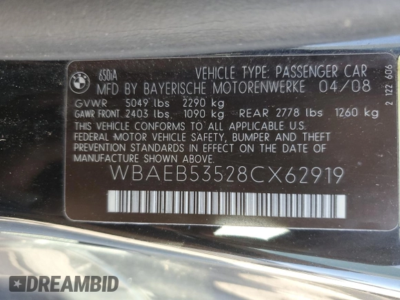 2008 BMW 6 Series 650i with VIN WBAEB53528CX62919, listed as a Copart auction lot 77254374 with 179,029 mi miles and Clean Title. Bid and sale history available at carsss.com. Image 12.