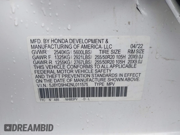 2022 Acura MDX Technology with VIN 5J8YD9H42NL011575, listed as a IAAI auction lot 41459325 with 40,017 mi miles and . Bid and sale history available at DreamBid. Image 9.