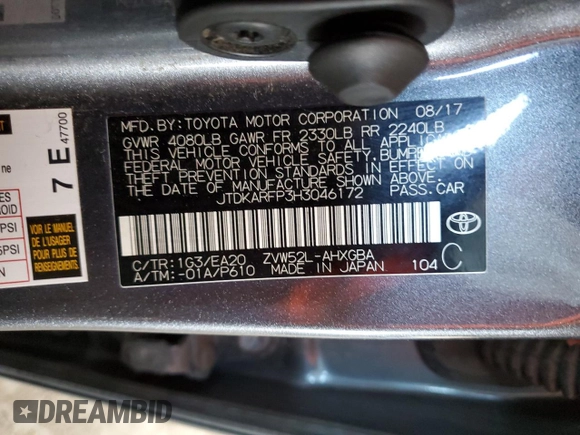 2017 Toyota Prius Plus z VIN JTDKARFP3H3046172, wystawiony jako Copart lot #49325695 z przebiegiem 75 203 mil mil oraz Szkoda całkowita • Salvage title. Historia ofert i sprzedaży dostępna na DreamBid. Obrazek 14.