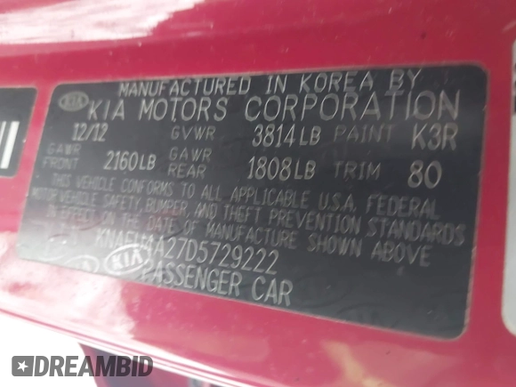 2013 Kia Forte EX with VIN KNAFU4A27D5729222, listed as a IAAI auction lot 42005687 with 124,785 mi miles. Bid and sale history available at carsss.com. Image 9.