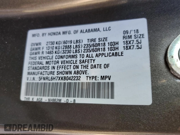 2019 Honda Odyssey EX-L with VIN 5FNRL6H7XKB042232, listed as a Copart auction lot 81066384 with 55,724 mi miles and Salvage Title. Bid and sale history available at carsss.com. Image 15.