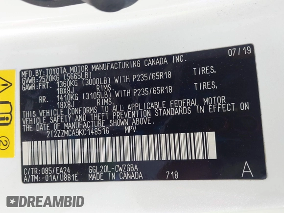 2019 Lexus RX 350 with VIN 2T2ZZMCA9KC148516, listed as a IAAI auction lot 42117972 with 57,224 mi miles and . Bid and sale history available at DreamBid. Image 9.