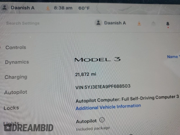2023 Tesla Model 3 с VIN 5YJ3E1EA9PF688503, выставлен на аукционе Copart как лот 59783765 с пробегом 21 872 миль миль и Списание • Salvage title. История ставок и продаж доступна на DreamBid. Изображение 9.