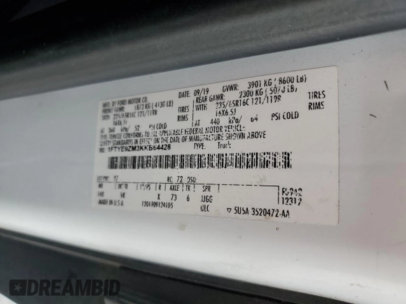 2019 Ford Transit с VIN 1FTYE9ZM3KKB64428, выставлен на аукционе Copart как лот 44021955 с пробегом 113 939 миль миль и На запчасти • Non repairable. История ставок и продаж доступна на DreamBid. Изображение 14.