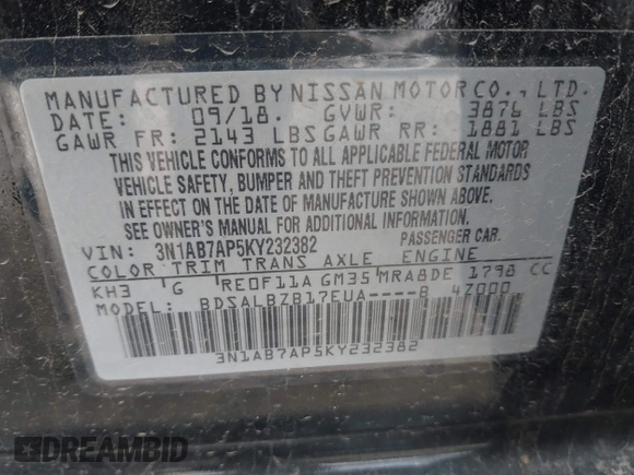 2019 Nissan Sentra SV with VIN 3N1AB7AP5KY232382, listed as a IAAI auction lot 42104278 with 103,105 mi miles and . Bid and sale history available at DreamBid. Image 9.
