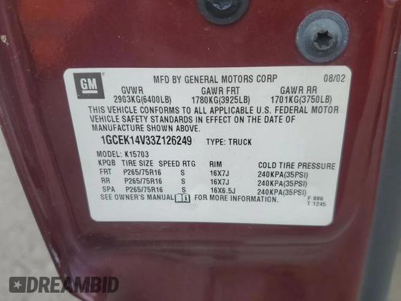 2003 Chevrolet Silverado 1500 LS with VIN 1GCEK14V33Z126249, listed as a Copart auction lot 84754524 with 105,267 mi miles and Salvage Title. Bid and sale history available at DreamBid. Image 14.