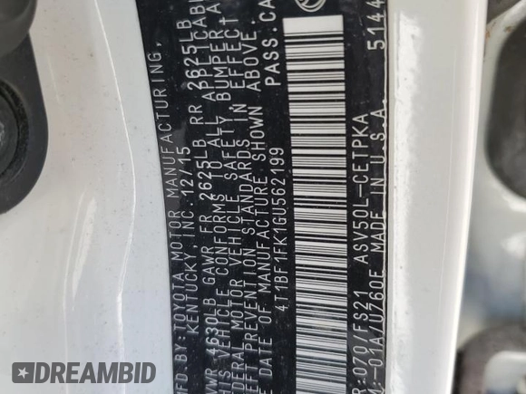 2016 Toyota Camry XLE with VIN 4T1BF1FK1GU562199, listed as a Copart auction lot 52822555 with Not Provided miles and Salvage Title. Bid and sale history available at DreamBid. Image 12.