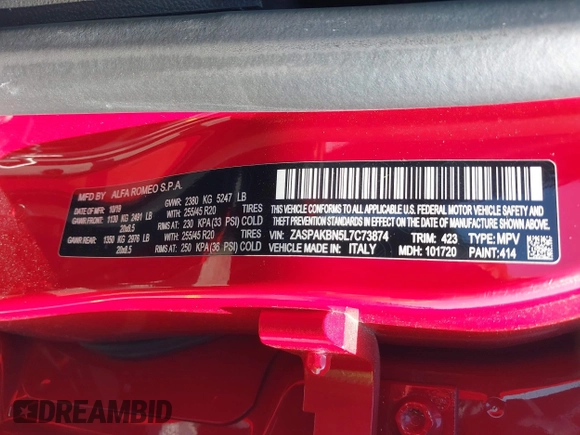 2020 Alfa Romeo Stelvio Ti z VIN ZASPAKBN5L7C73874, wystawiony jako IAAI lot #41996616 z przebiegiem Nie podano mil oraz . Historia ofert i sprzedaży dostępna na DreamBid. Obrazek 9.