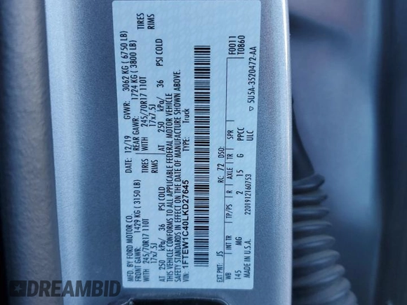 2020 Ford F-150 XL with VIN 1FTEW1C40LKD27645, listed as a Copart auction lot 87024514 with 89,164 mi miles and Salvage Title. Bid and sale history available at carsss.com. Image 12.