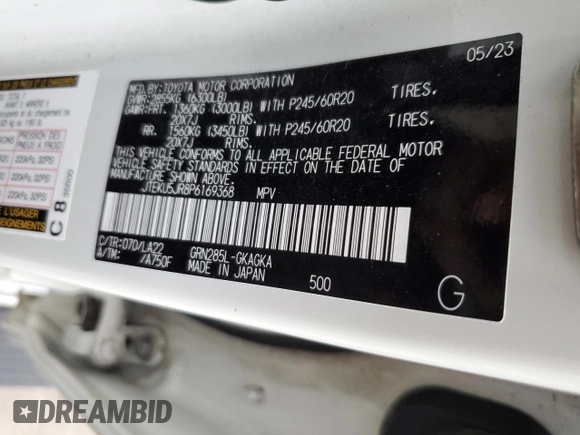 2023 Toyota 4Runner Limited with VIN JTEKU5JR8P6169368, listed as a Copart auction lot 52558575 with Not provided miles and Salvage title. Bid and sale history available at DreamBid. Image 15.