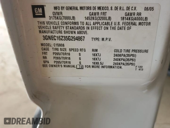 2005 Chevrolet Suburban LT with VIN 3GNEC16Z35G294867, listed as a Copart auction lot 55535585 with Not provided miles and Clean title. Bid and sale history available at DreamBid. Image 14.