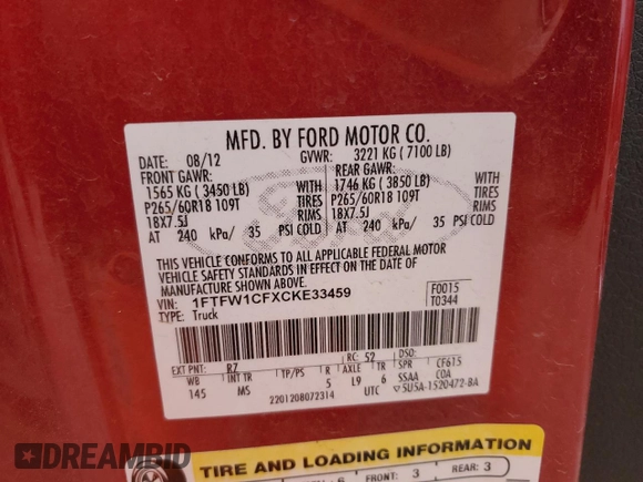 2012 Ford F-150 XL with VIN 1FTFW1CFXCKE33459, listed as a Copart auction lot 45976875 with 0 mi miles and Salvage Title. Bid and sale history available at carsss.com. Image 13.