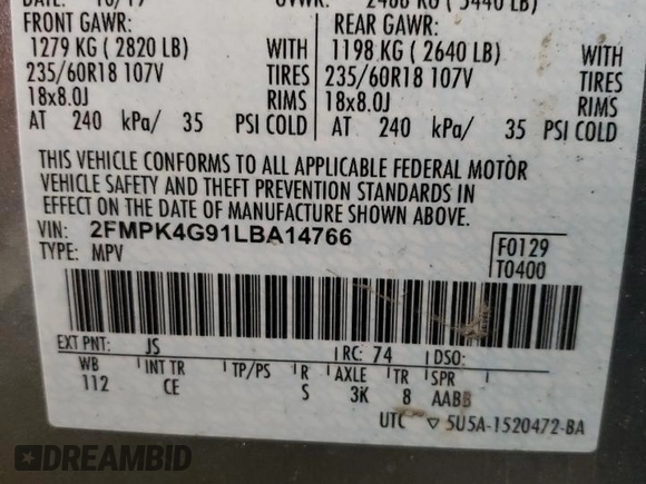 2020 Ford Edge SE с VIN 2FMPK4G91LBA14766, выставлен на аукционе Copart как лот 54425375 с пробегом 101 630 миль миль и Списание • Salvage title. История ставок и продаж доступна на DreamBid. Изображение 13.