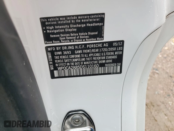 2013 Porsche Boxster z VIN WP0CA2A85DS110160, wystawiony jako Copart lot #63689574 z przebiegiem 32 678 mil mil oraz Szkoda całkowita • Salvage title. Historia ofert i sprzedaży dostępna na DreamBid. Obrazek 13.