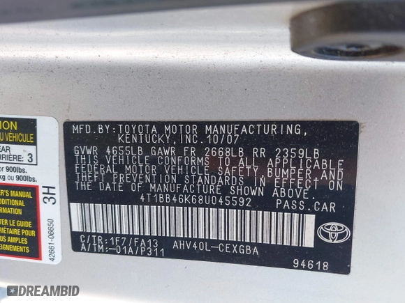 2008 Toyota Camry Hybrid with VIN 4T1BB46K68U045592, listed as a IAAI auction lot 42063223 with 189,302 mi miles. Bid and sale history available at carsss.com. Image 9.