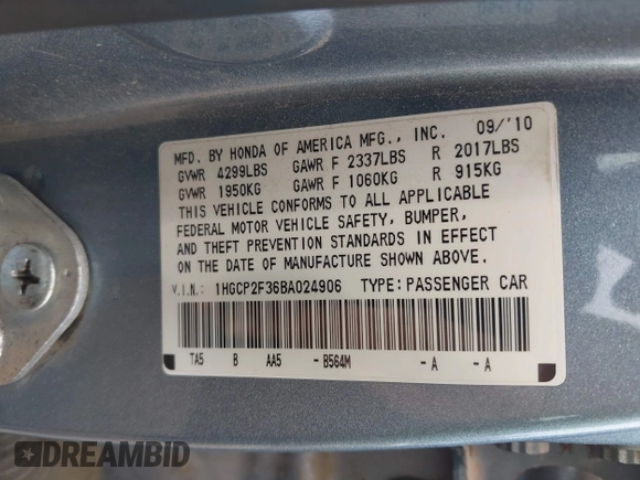 2011 Honda Accord LX with VIN 1HGCP2F36BA024906, listed as a IAAI auction lot 42427058 with 150,159 mi miles and . Bid and sale history available at DreamBid. Image 9.