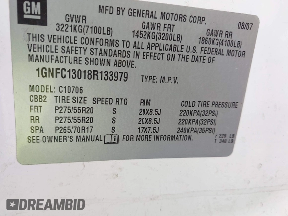 2008 Chevrolet Tahoe 1LT с VIN 1GNFC13018R133979, выставлен на аукционе IAAI как лот 42608904 с пробегом 261 711 миль миль и . История ставок и продаж доступна на DreamBid. Изображение 9.