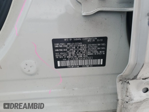 2019 Subaru Forester Touring with VIN JF2SKAWC6KH492663, listed as a Copart auction lot 62405135 with 74,254 mi miles and Salvage title. Bid and sale history available at DreamBid. Image 13.