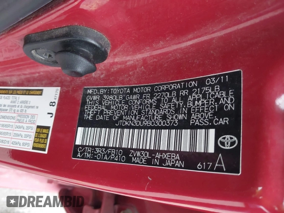 2011 Toyota Prius I with VIN JTDKN3DU9B0300373, listed as a IAAI auction lot 42168355 with 289,676 mi miles and . Bid and sale history available at DreamBid. Image 9.
