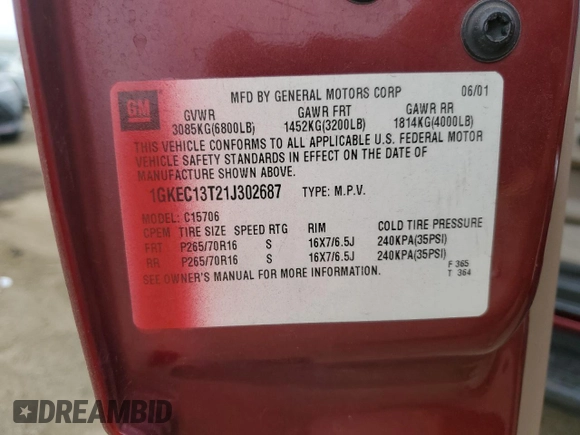 2001 GMC Yukon SLT z VIN 1GKEC13T21J302687, wystawiony jako Copart lot #80982344 z przebiegiem 139 565 mil mil oraz Szkoda całkowita • Salvage title. Historia ofert i sprzedaży dostępna na DreamBid. Obrazek 13.