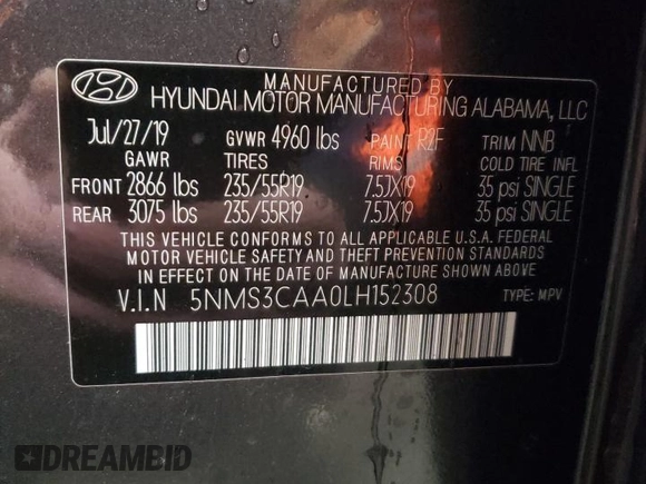2020 Hyundai Santa Fe SEL with VIN 5NMS3CAA0LH152308, listed as a Copart auction lot 87057694 with 38,271 mi miles and Salvage Title. Bid and sale history available at carsss.com. Image 12.