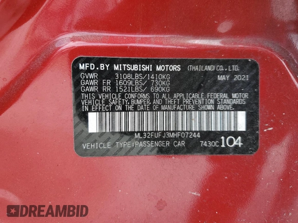 2021 Mitsubishi Mirage ES with VIN ML32FUFJ3MHF07244, listed as a Copart auction lot 59091725 with 44,793 mi miles and Salvage title. Bid and sale history available at DreamBid. Image 12.