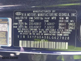 2020 Kia Sorento LX with VIN 5XYPGDA38LG627828, listed as a IAAI auction lot 41759936 with 76,138 mi miles. Bid and sale history available at carsss.com. Image 9.