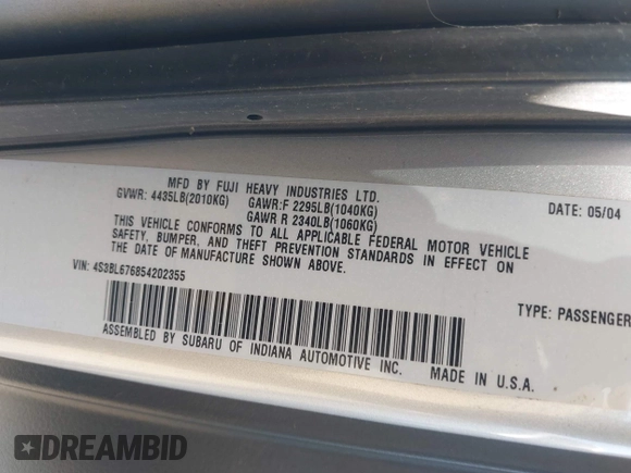 2005 Subaru Legacy GT Limited with VIN 4S3BL676854202355, listed as a IAAI auction lot 42616297 with 138,249 mi miles and . Bid and sale history available at DreamBid. Image 9.
