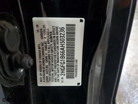 2010 Honda Civic Cpe LX with VIN 2HGFG1B66AH503236, listed as a Copart auction lot 48770135 with 86,425 mi miles and Salvage Title. Bid and sale history available at carsss.com. Image 12.