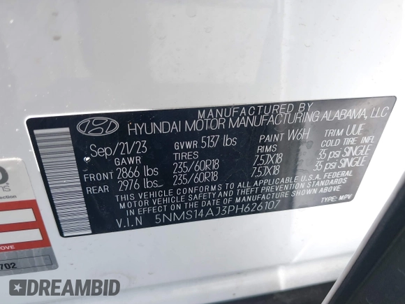 2023 Hyundai Santa Fe SE with VIN 5NMS14AJ3PH626107, listed as a IAAI auction lot 41826756 with 17,552 mi miles. Bid and sale history available at carsss.com. Image 9.