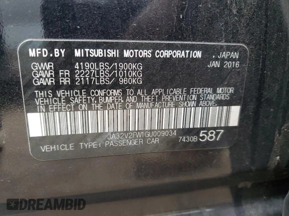2016 Mitsubishi Lancer SE with VIN JA32V2FW1GU009034, listed as a Copart auction lot 75628764 with 129,778 mi miles and Salvage Title. Bid and sale history available at DreamBid. Image 12.