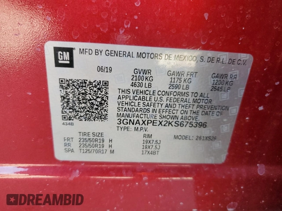 2019 Chevrolet Equinox Premier z VIN 3GNAXPEX2KS675396, wystawiony jako Copart lot #52352995 z przebiegiem 53 516 mil mil oraz Szkoda całkowita • Salvage title. Historia ofert i sprzedaży dostępna na DreamBid. Obrazek 13.